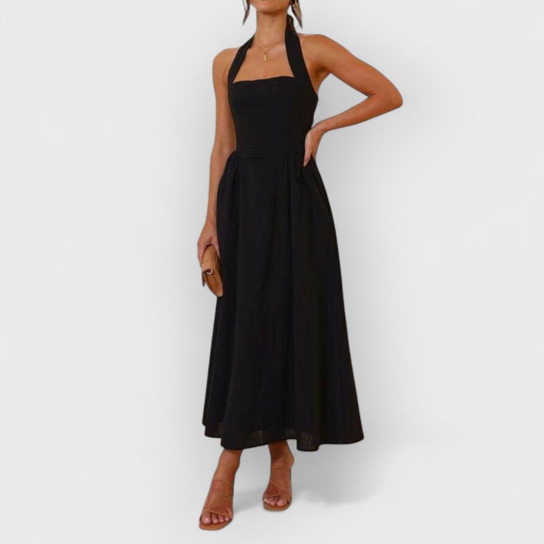 Halter Neck Taille kleines Schwarzes Kleid Mid-Length Kleid